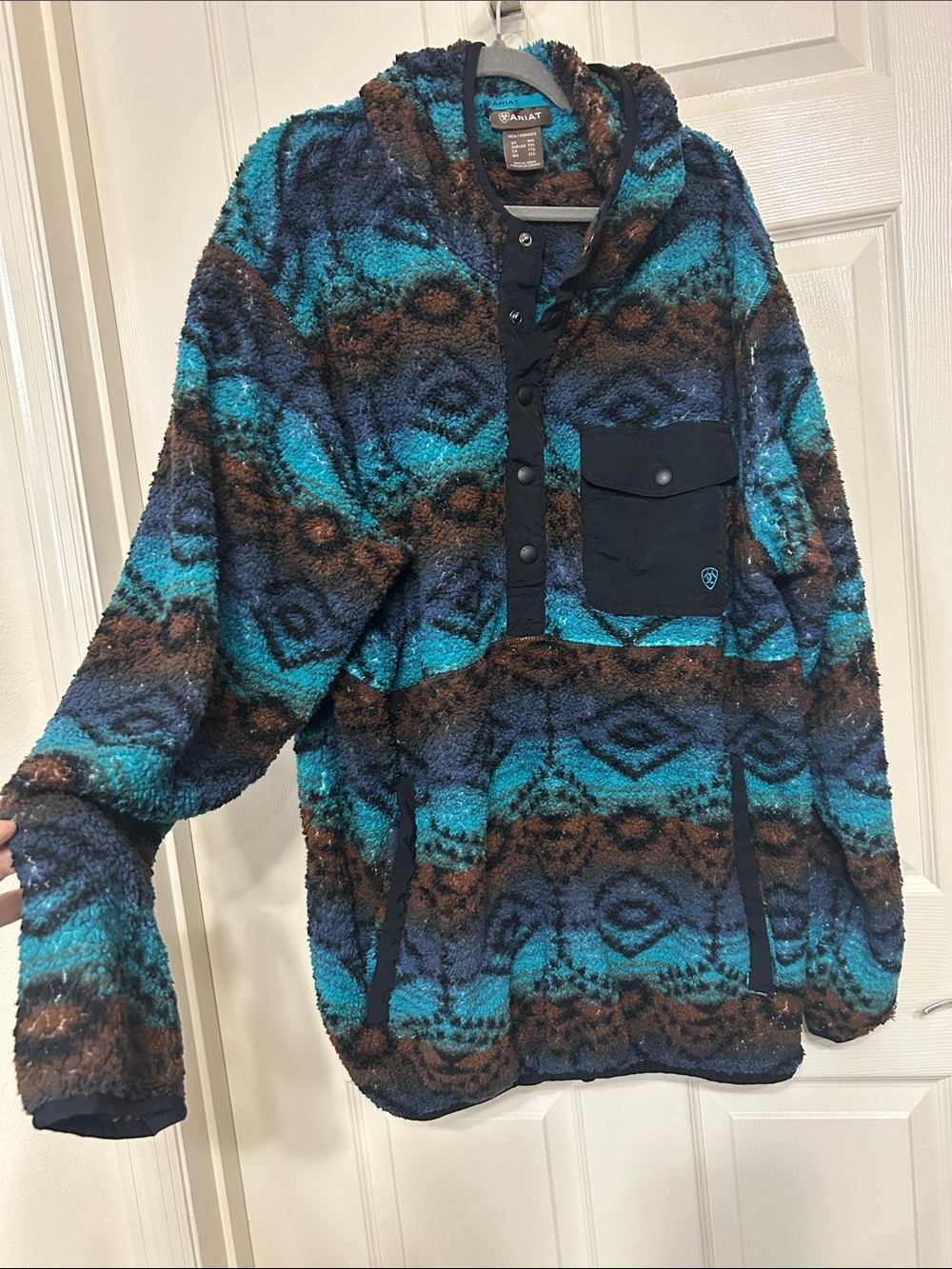 Ariat Men’s Teal, Blue and Brown Aztec Pattern Fleece Pullover Cozy Soft Winter